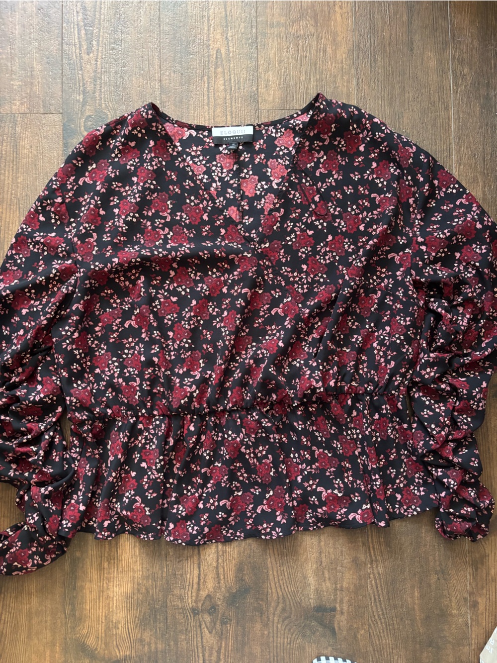 Eloquii Black Top with Burgundy and Pink Floral Print
